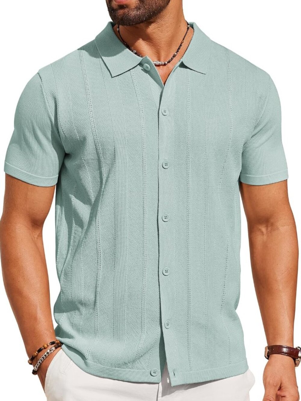 Men's Ice Green Knit Short Sleeve Button Down Polo premium lightweight Shirt